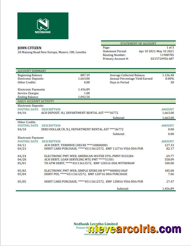 Lesotho Nedbank bank statement in Word and PDF format